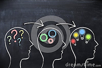 Coaching concept â€“ knowledge and ideas sharing with human head shape and megaphone or bullhorn on blackboard Stock Photo